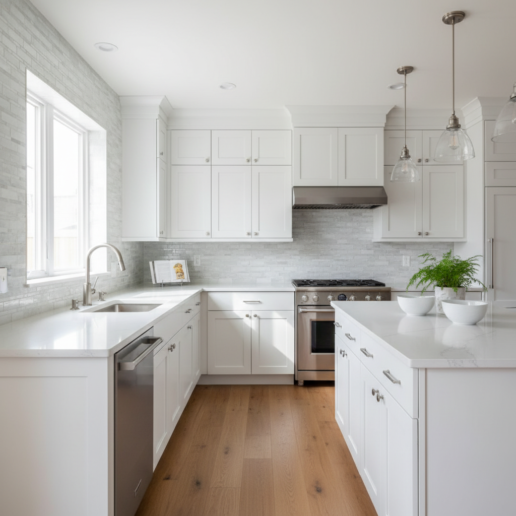 A pristine, immaculately tiled kitchen featuring custom cabinetry in matte white, quartz countertops with faint grey veining, brushed steel fixtures, and glass-tile backsplash. Wide-plank hardwood flooring in natural oak provides grounded warmth. The space sits beneath broad daylight from recessed ceiling lights and sunlight from a nearby window, creating a harmonious interplay of soft highlights and clean, defined edges. The atmosphere is welcoming, professional, and organized, emphasizing functionality and style. Captured from a slightly elevated angle with a structured, balanced layout, the photographic realism reinforces the sense of expertise and bespoke construction.