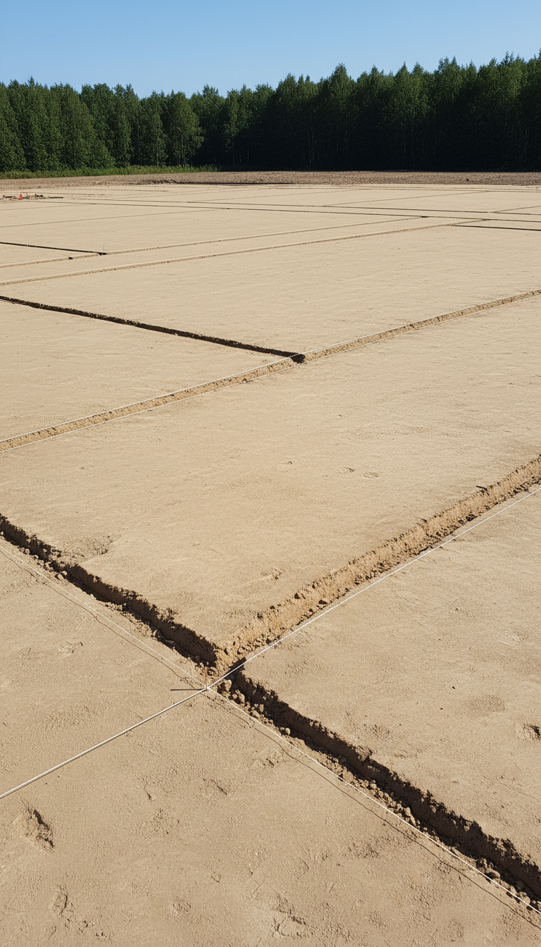 A high-precision, freshly completed grading project with smooth, level earth in neutral clay tones, marked by crisp, straight utility lines and borders ready for building. The setting is an open site with dense forest at the perimeter, under clear midday skies, casting even, shadowless light across the terrain. The composition is structured and geometric, with clear demarcation lines and an emphasis on perfectly executed surface preparation. Captured from a low, wide-angle perspective with sharp focus throughout, the professional, clean photographic realism accentuates the preparatory skill and reliability of a leading general contractor.