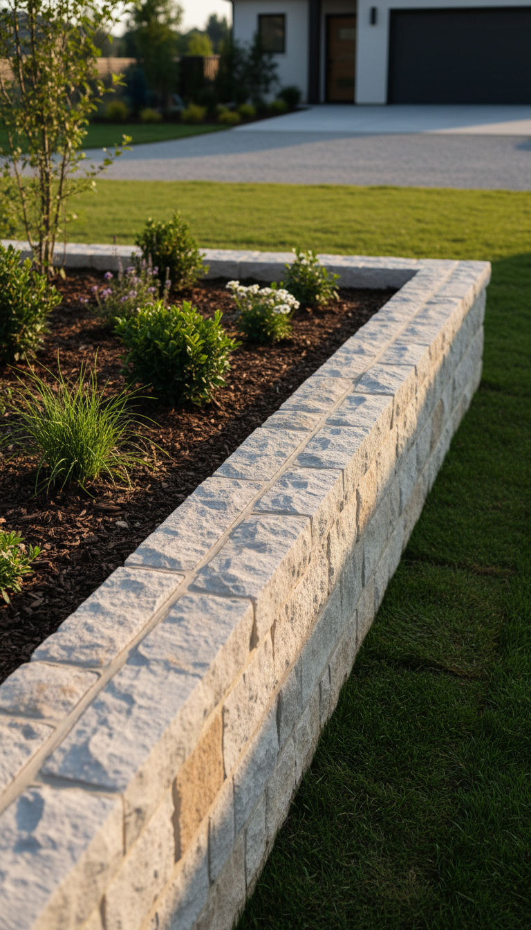 An expertly crafted stone retaining wall, composed of varied neutral-toned stacked stone blocks with precise, even mortar joints, set along the edge of a freshly landscaped garden. Surrounding the wall are mulched flower beds and freshly sodded lawn, backed by a clean gravel driveway. Warm late-afternoon sunlight streams from the left, creating defined but gentle shadows that highlight the wall’s texture and structure. The mood is solid and dependable, with a subtle sense of refinement. Photographed at a three-quarter angle, the image uses an asymmetrical balance and moderate depth of field for a clean, modern corporate feel aligned with construction expertise.