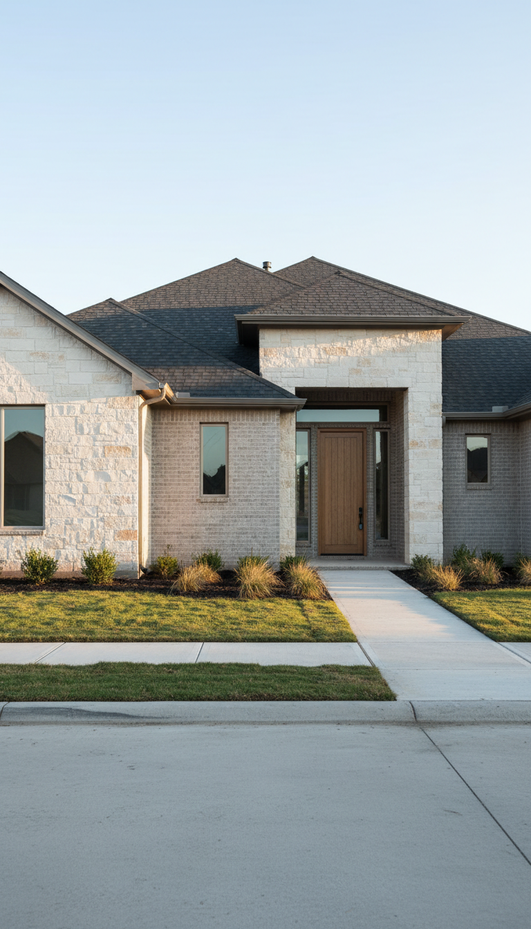 A newly constructed modern home with neutral-toned brick and natural stone detailing, showcasing crisp, flawless masonry and a sleek composite roof. The house is set on immaculate, evenly graded earth with freshly finished landscaping bordered by clean concrete pathways. Soft afternoon daylight bathes the facade, producing gentle, balanced highlights and subtle shadows that accentuate the structure's geometric lines. The mood is professional and trustworthy, conveying quality and attention to detail. Photographed at an eye-level perspective with a centered composition, the image uses sharp focus throughout and a photographic realism style, perfectly embodying the polished, reliable craftsmanship of a seasoned general contractor.