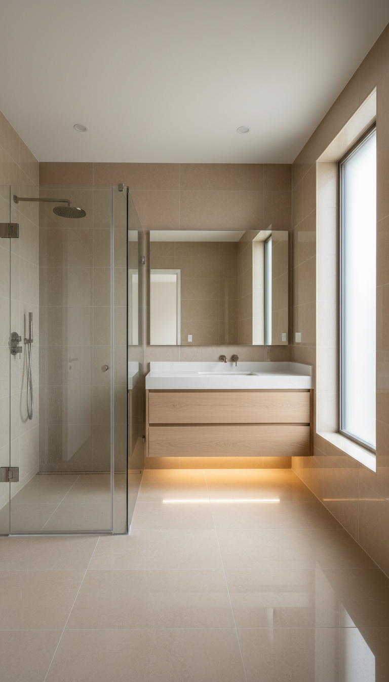 A gleaming, uncluttered bathroom renovation featuring large-format porcelain tiles in a soft beige hue, a frameless clear glass shower enclosure, a floating vanity with a quartz countertop, and matte chrome fixtures. The bathroom sits beneath diffuse, even lighting provided by high-end recessed ceiling lights, with additional illumination from a frosted window, casting soft but crisp reflections and minimal shadows. The scene feels serene and meticulously maintained, projecting trustworthiness and attention to cleanliness. Shot from an eye-level composition, the image uses a minimalist, photographic style with balanced symmetry, ideally representing refined, professional remodeling work.